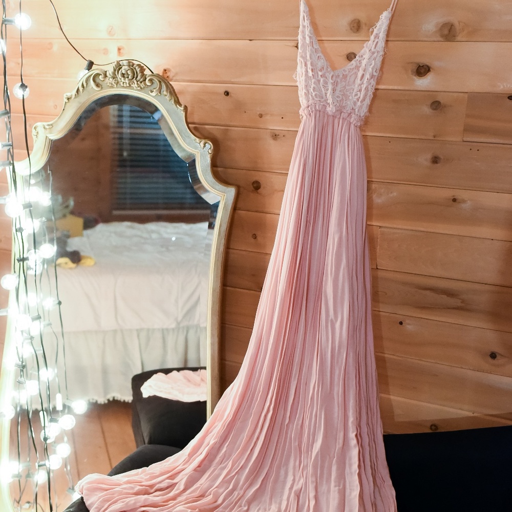 Pink Open Back Maxi Dress with Lace Detail